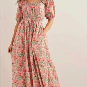 Boden Floral Print Maxi Dress in Pink and Green